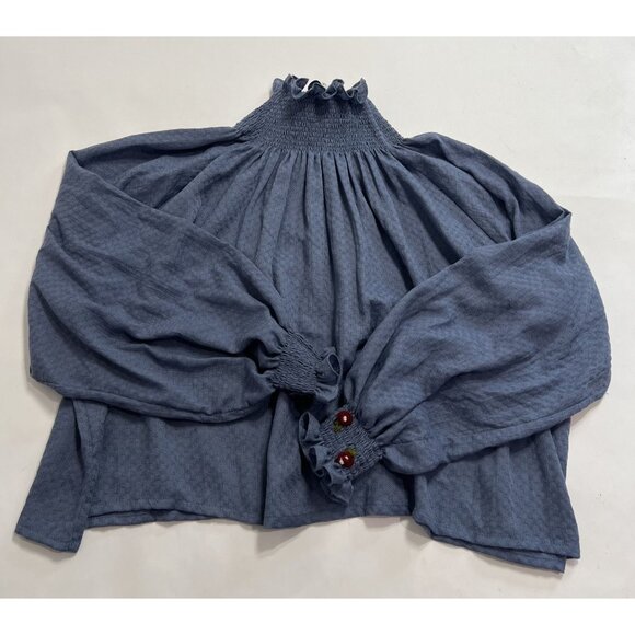 Jo Sephine High Neck Smocked Top in Blue - Picture 2 of 3